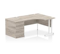 Impulse Bench 1400mm Right Crescent Office Desk Grey Oak Top White Cantilever Le