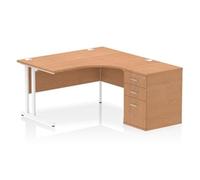 Impulse 1400mm Right Crescent Office Desk Oak Top White Cantilever Leg Workstation 600 Deep Desk High Pedestal
