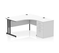 Impulse 1400mm Right Crescent Office Desk White Top Black Cantilever Leg Workstation 600 Deep Desk High Pedestal
