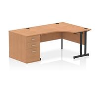 Impulse 1400 RH Crescent Desk Oak Top Black Cantilever 800 Desk Hi Ped