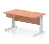 Impulse 1400 x 800mm Scalloped Edge Straight Office Desk Beech Top Silver Cable Managed Leg Workstation 1 x 1 Drawer Fixed Pedestal