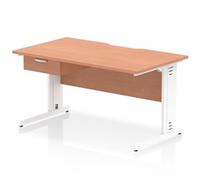 Impulse 1400 x 800mm Scalloped Edge Straight Office Desk Beech Top White Cable Managed Leg Workstation 1 x 1 Drawer Fixed Pedestal