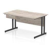 Impulse 1400 x 800mm Scalloped Edge Office Desk Grey Oak Top Black Cantilever Le