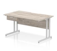 Impulse 1400 x 800mm Scalloped Desk Grey Oak Silver Cantilever 1D Ped