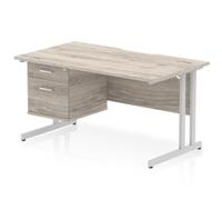 Impulse 1400 x 800mm Scalloped Edge Straight Office Desk Grey Oak Top Silver Cantilever Leg Workstation 1 x 2 Drawer Fixed Pedestal