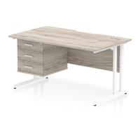 Impulse 1400 x 800mm Scalloped Edge Straight Office Desk Grey Oak Top White Cantilever Leg Workstation 1 x 3 Drawer Fixed Pedestal