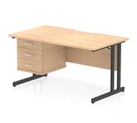 Impulse 1400 x 800mm Scalloped Edge Straight Office Desk Maple Top Black Cantilever Leg Workstation 1 x 3 Drawer Fixed Pedestal