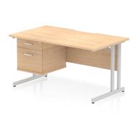 Impulse 1400 x 800mm Scalloped Edge Straight Office Desk Maple Top Silver Cantilever Leg Workstation 1 x 2 Drawer Fixed Pedestal
