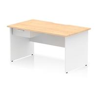 Impulse 1400 x 800mm Scalloped Edge Straight Office Desk Maple Top White Panel End Leg Workstation 1 x 1 Drawer Fixed Pedestal