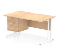 Impulse 1400 x 800mm Scalloped Edge Straight Office Desk Maple Top White Cantilever Leg Workstation 1 x 3 Drawer Fixed Pedestal