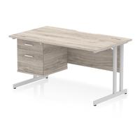 Impulse 1400 x 800mm Scalloped Edge Straight Office Desk Grey Oak Top Silver Cantilever Leg Workstation 1 x 2 Drawer Fixed Pedestal