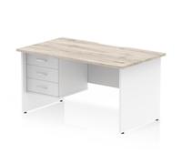 Impulse 1400 x 800mm Scalloped Edge Straight Office Desk Grey Oak Top White Panel End Leg Workstation 1 x 3 Drawer Fixed Pedestal