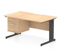 Impulse 1400 x 800mm Scalloped Edge Straight Office Desk Maple Top Black Cable Managed Leg Workstation 1 x 3 Drawer Fixed Pedestal