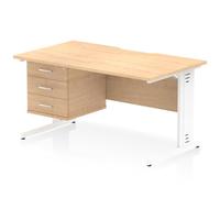 Impulse 1400 x 800mm Scalloped Edge Straight Office Desk Maple Top White Cable Managed Leg Workstation 1 x 3 Drawer Fixed Pedestal