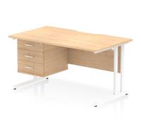 Impulse 1400 x 800mm Scalloped Edge Straight Office Desk Maple Top White Cantilever Leg Workstation 1 x 3 Drawer Fixed Pedestal