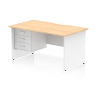 Impulse 1400 x 800mm Scalloped Edge Straight Office Desk Maple Top White Panel End Leg Workstation 1 x 3 Drawer Fixed Pedestal