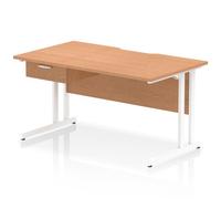 Impulse 1400 x 800mm Scalloped Edge Straight Office Desk Oak Top White Cantilever Leg Workstation 1 x 1 Drawer Fixed Pedestal