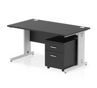 Impulse 1400 x 800mm Straight Office Desk Black Top Silver Cable Managed Leg Workstation 2 Drawer Mobile Pedestal