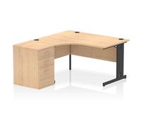 Impulse 1400mm Left Crescent Office Desk Maple Top Black Cable Managed Leg Workstation 600 Deep Desk High Pedestal