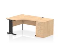 Impulse 1400mm Left Crescent Office Desk Maple Top Black Cable Managed Leg Workstation 800 Deep Desk High Pedestal