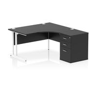 Impulse 1400mm Right Crescent Office Desk Black Top White Cantilever Leg Workstation 600 Deep Desk High Pedestal