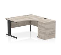 Impulse 1400mm Right Crescent Office Desk Grey Oak Top Black Cable Managed Leg Workstation 600 Deep Desk High Pedestal