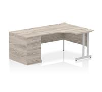 Impulse 1400mm Right Crescent Office Desk Grey Oak Top Silver Cantilever Leg Workstation 800 Deep Desk High Pedestal