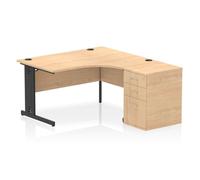 Impulse 1400mm Right Crescent Office Desk Maple Top Black Cable Managed Leg Workstation 600 Deep Desk High Pedestal