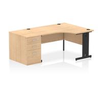 Impulse 1400mm Right Crescent Office Desk Maple Top Black Cable Managed Leg Workstation 800 Deep Desk High Pedestal