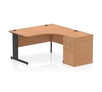 Impulse 1400mm Right Crescent Office Desk Oak Top Black Cable Managed Leg Workstation 600 Deep Desk High Pedestal
