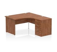 Impulse 1400mm Right Crescent Office Desk Walnut Top Panel End Leg Workstation 600 Deep Desk High Pedestal