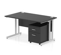 Impulse 1400 x 800mm Straight Office Desk Black Top Silver Cantilever Leg Workstation 2 Drawer Mobile Pedestal