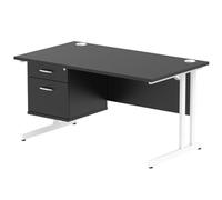 Impulse 1400 x 800mm Straight Office Desk Black Top White Cantilever Leg Workstation 1 x 2 Drawer Fixed Pedestal