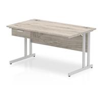 Impulse 1400x800 Desk Grey Oak/Silver Cantilever 1x1 Drawer Fixed Ped