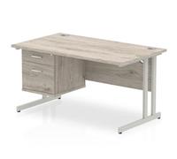 Impulse 1400 Desk Grey Oak Silver Fixed 2Ped