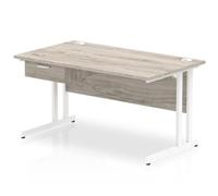 Impulse 1400x800 Desk Grey Oak/White Cantilever 1x1 Drawer Fixed Ped