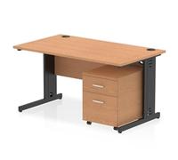 Impulse 1400 x 800mm Straight Office Desk Oak Top Black Cable Managed Leg Workstation 2 Drawer Mobile Pedestal