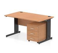 Impulse 1400 x 800mm Straight Office Desk Oak Top Black Cable Managed Leg Workstation 3 Drawer Mobile Pedestal
