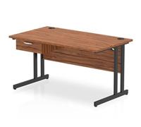 Impulse 1400x800 Desk Walnut/Black Cantilever Leg 1x1 Drawer Fixed Ped
