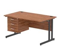Impulse 1400x800 Desk Walnut/Black Cantilever Leg 1x3 Drawer Fixed Ped