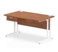 Impulse 1400x800 Desk Walnut/White Cantilever Leg 1x1 Drawer Fixed Ped