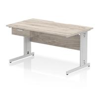 Impulse 1400x800 Scalloped Desk Grey Oak Silver Cable Managed + 1D Ped
