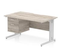 Impulse 1400x800 Scalloped Desk Grey Oak Silver Cable Managed + 2D Ped