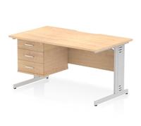 Impulse 1400 x 800mm Scalloped Edge Straight Office Desk Maple Top Silver Cable Managed Leg Workstation 1 x 3 Drawer Fixed Pedestal