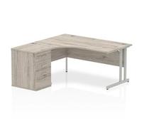 Impulse Bench 1600mm Left Crescent Office Desk Grey Oak Top White Cantilever Leg