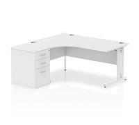 Impulse 1600mm Left Crescent Office Desk White Top White Cable Managed Leg Workstation 600 Deep Desk High Pedestal