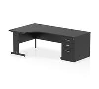 Impulse 1600mm Left Crescent Office Desk Black Top Black Cable Managed Leg Workstation 800 Deep Desk High Pedestal