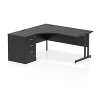 Impulse 1600mm Left Crescent Office Desk Black Top Black Cantilever Leg Workstation 600 Deep Desk High Pedestal