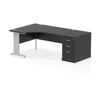 Impulse 1600mm Left Crescent Office Desk Black Top Silver Cable Managed Leg Work