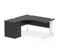 Impulse 1600mm Left Crescent Office Desk Black Top White Cable Managed Leg Workstation 600 Deep Desk High Pedestal